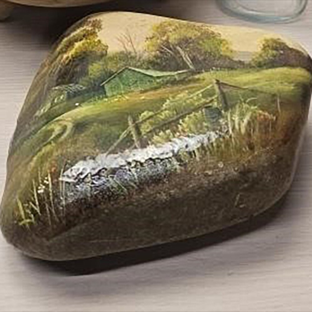 Hand-Painted Landscape Art Rock – Rustic Cabin Scene – One-of-a-Kind Folk Art